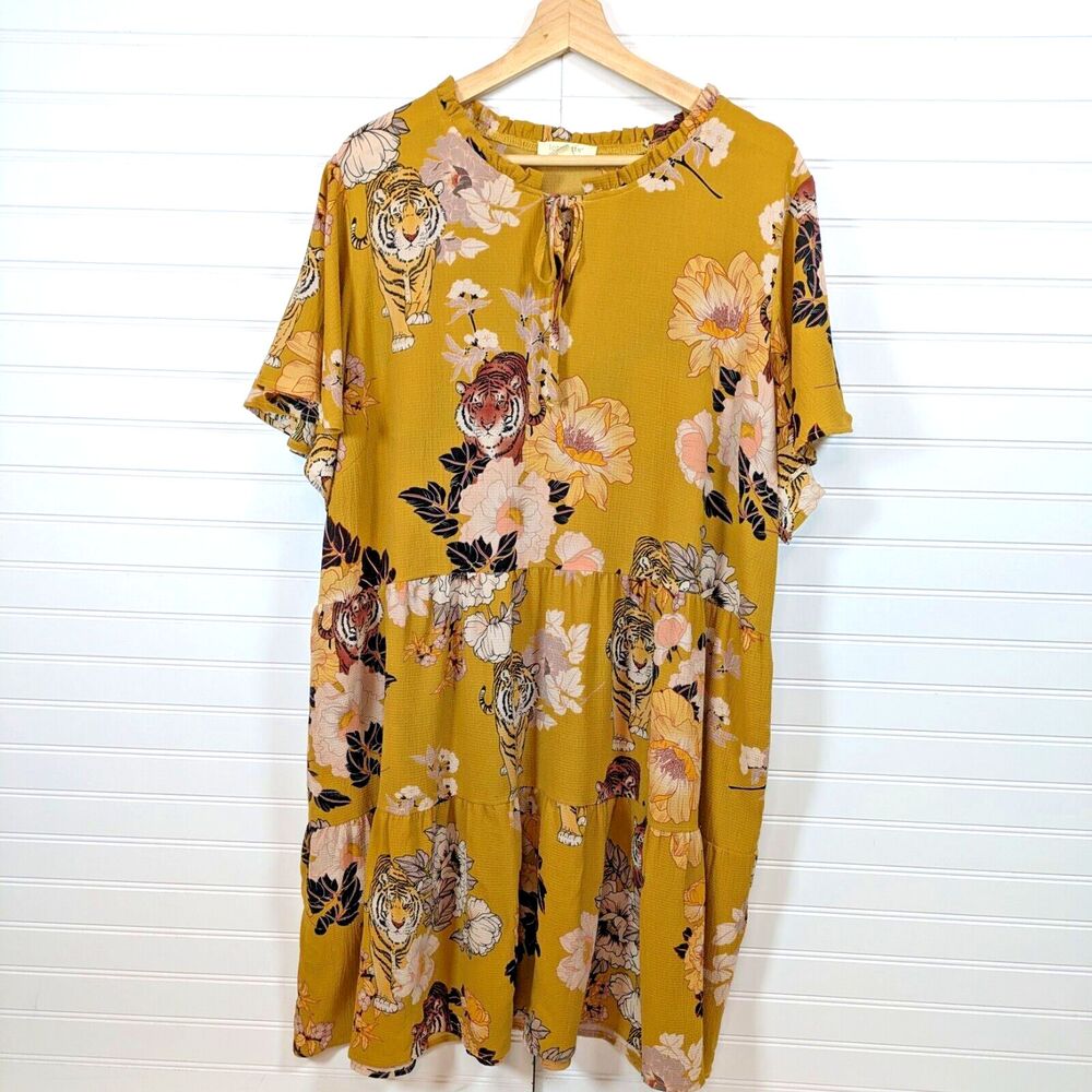 Loralette Tiger Print Dress Womens 22/24 Flowy Tiered Flutter Sleeve Pockets